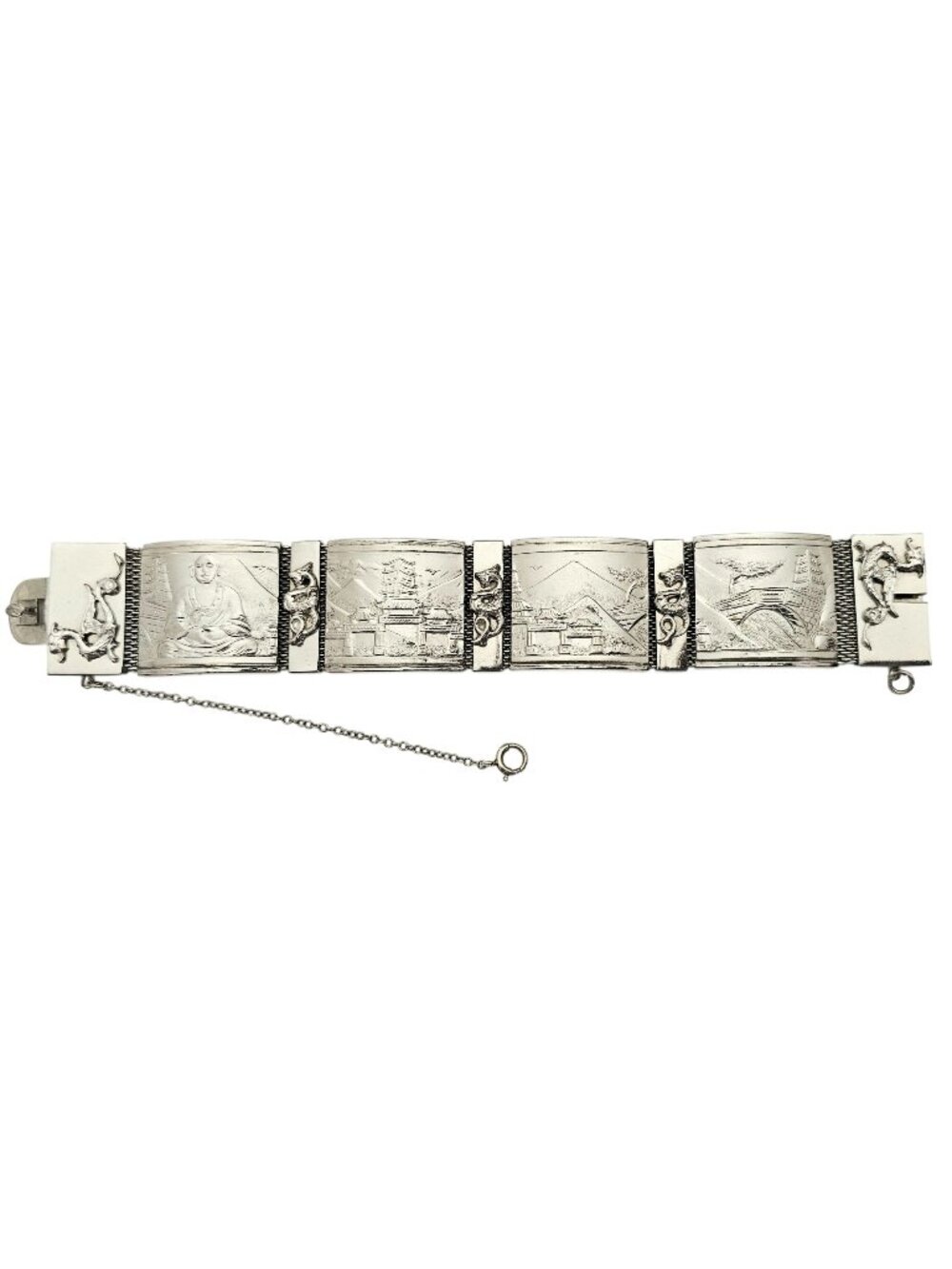 Whiting & Davis Silver Tone Asian Themed Dragon Storyteller Hinged Bracelet J845